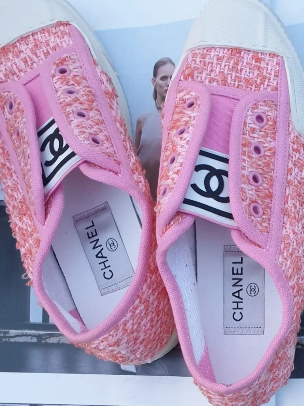Chanel Tweed Pink Sneaker Fashion Women Girls Casual Everyday Shoes Size 6.5
